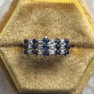 Vintage Sapphire Diamond Triple Row Yellow Gold Ring